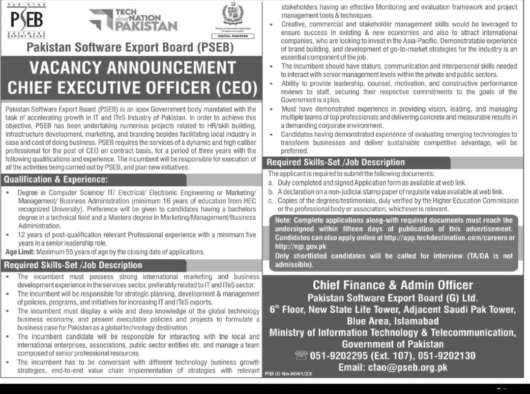 Great opportunity to serve Pakistan as CEO, Pakistan Software Export Board (PSEB), and play your role in Pakistan's booming IT sector. Excellent pay package and benefits for the right candidate...
#RisingPakistan
#SIFC