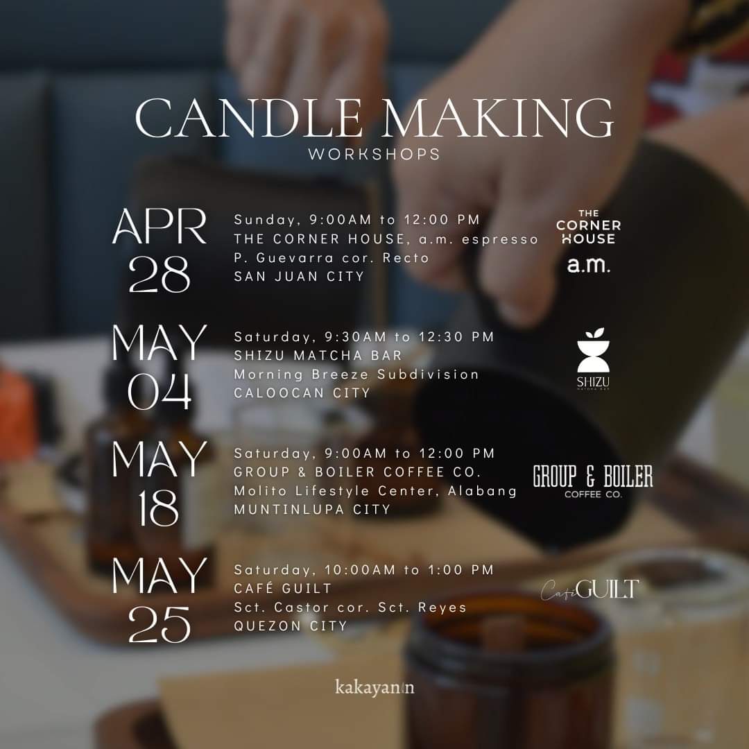 ✨️Make your scented candle dreams come true! ✨️

LIMITED SLOTS per session, so better sign up now and enjoy the early bird discount (Php200 OFF)! You may register here:

👉🏻 bit.ly/Kakayanin2024w…

#CandleMaking #WorkshopsPH #KakayaninPH #WhenInManila