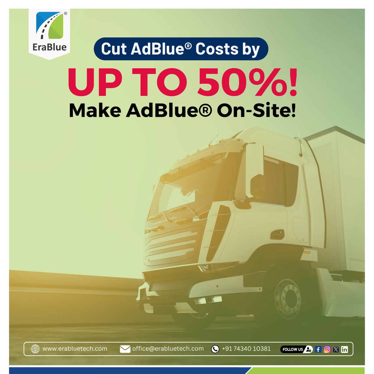 Cut AdBlue® Costs & Gain Control! Make it On-Site with EraBlue! #AdBlueSavings #OnSiteProduction

EraBlue's tech lets you PRODUCE AdBlue® on-site, slashing costs & giving you independence! Visit erabluetech.com to learn more!

#adblue #DieselTrucks #def