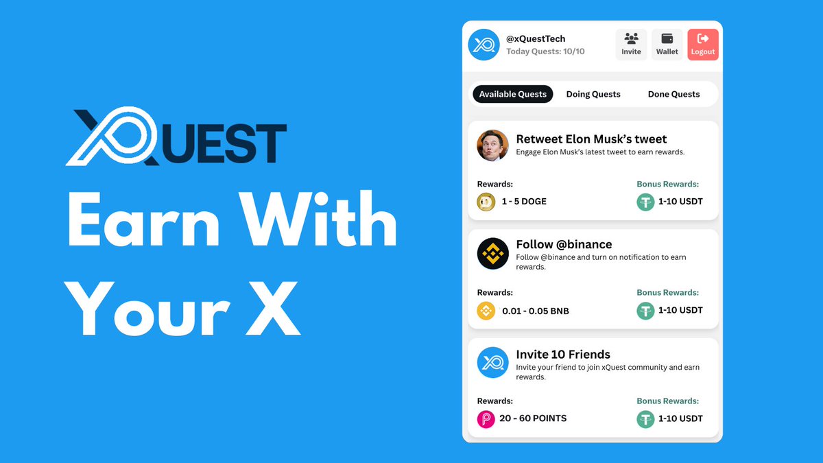 👾 On xQuest, simple engagement like retweets, following profiles, and inviting friends earn you token and USDT. It's raining rewards at #xQuest's mega airdrop. Let's go on board today! #xQuest #Airdrop #GamifyX #Web3