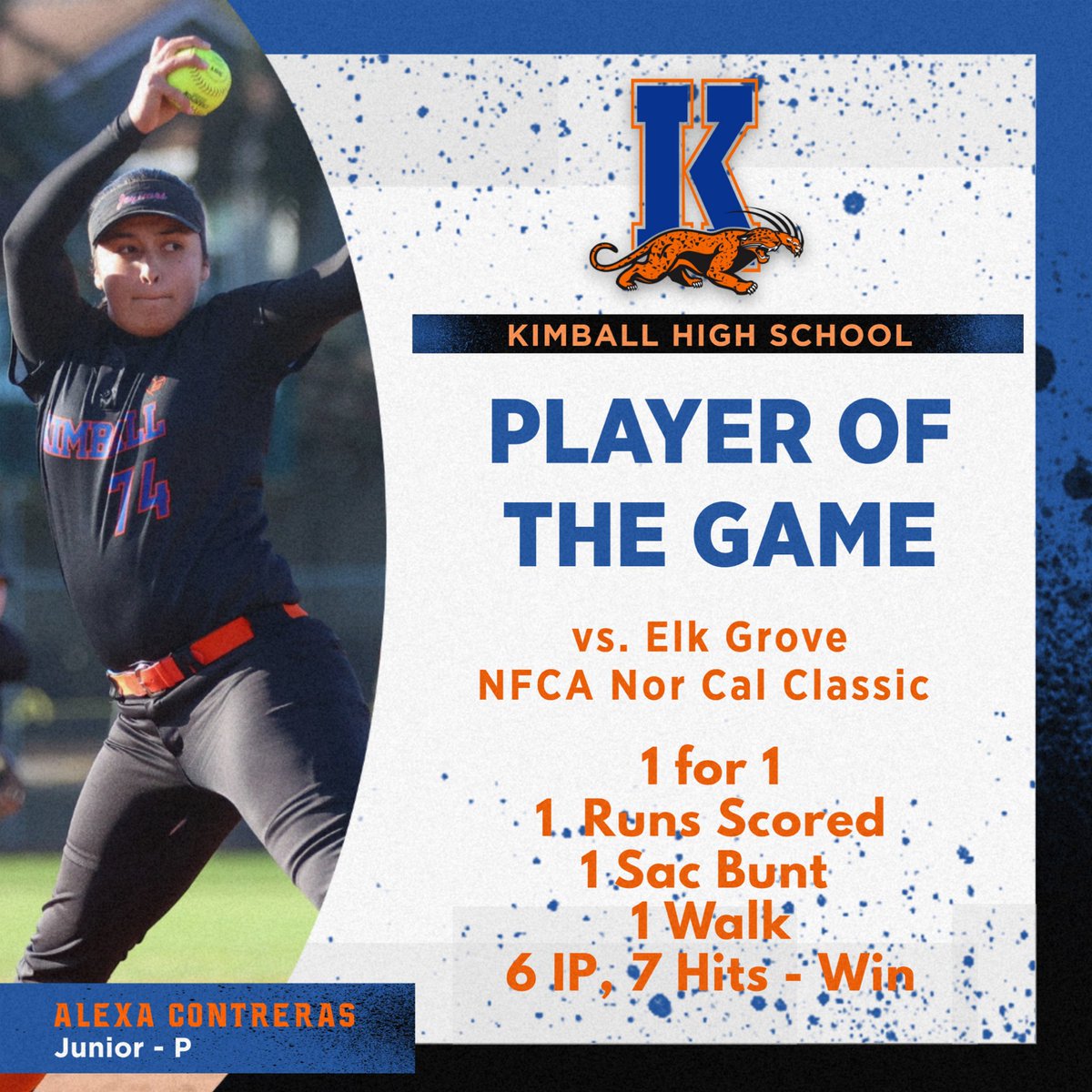 Player of the Game in Kimball’s win against Elk Grove in the NFCA Nor Cal Classic. #oneTEAMoneDREAM  #jagssoftball2024