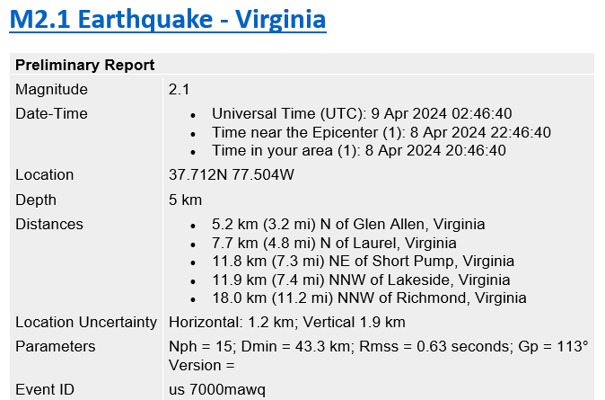 2.1 magnitude earthquake in Central Virginia Epicenter near Glen Allen. Richmond followers, did you feel it? #earthquake