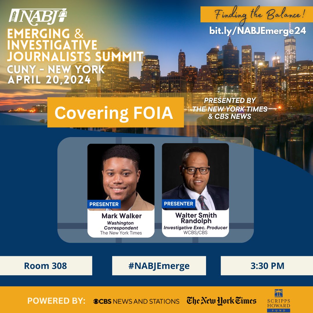 @nytimes @Google @cnelsonnews @zeke_minaya @kitastew @48hours @WhiteSights @ChamplainEdu @newmarkjschool @NABJYBJ @nabj_students @nabjregion1 👋🏾Two can't-miss sessions are coming to NY for #NABJEmerge24 on 4/20! Join us for 'The Merge: How Traditional News is Transforming in a Digital World' & a special training on covering FOIA w/ @nytimes & @CBSNews! 🎟️bit.ly/NABJEmerge24