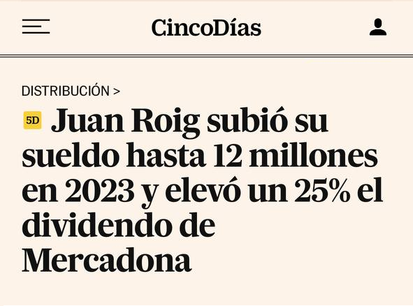 JulenBollain's tweet photo. Hemos subido "una burrada los precios". Si no hubiera sido así "hubiera sido un desastre impresionante para la cadena — Juan Roig (Mercadona), marzo de 2023.
Mercadona disparó su beneficio un 40% en 2023, mientras que Juan Roig incrementó su sueldo un 9%: 12 millones de euros. https://t.co/o0LUeXITgA