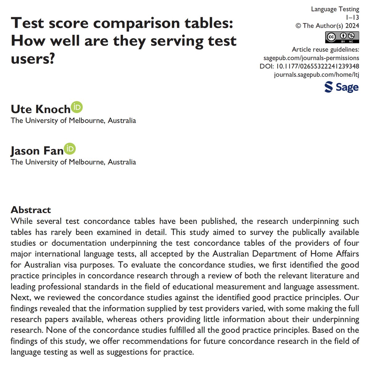 Now available in Online First, Ute Knoch (@knoch_ute ) and Jason Fan (at @UniMelb ) evaluate the concordance practices of language test providers based on concordance studies focusing on four large-scale English language tests. journals.sagepub.com/doi/10.1177/02…