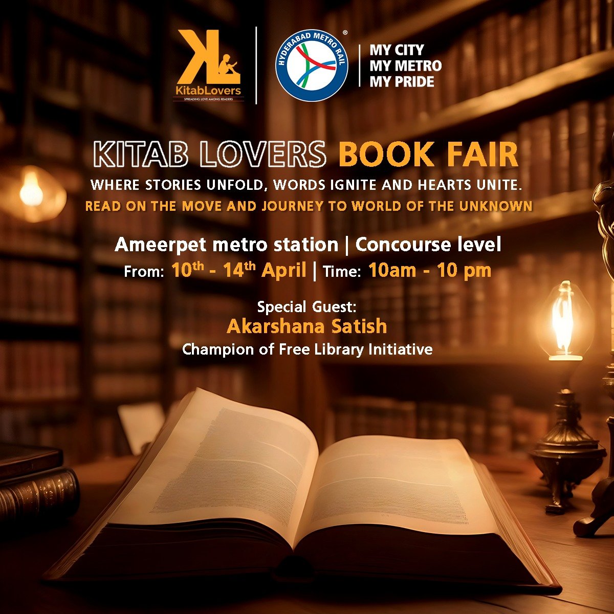 Get ready to immerse yourself in a world of stories and inspiration! Read on the move and journey to the world of the unknown. Join us at the Kitab Lovers Book Fair with our Special guest Akarshana Satish, Champion of the Free Library Initiative. Don't miss this literary…