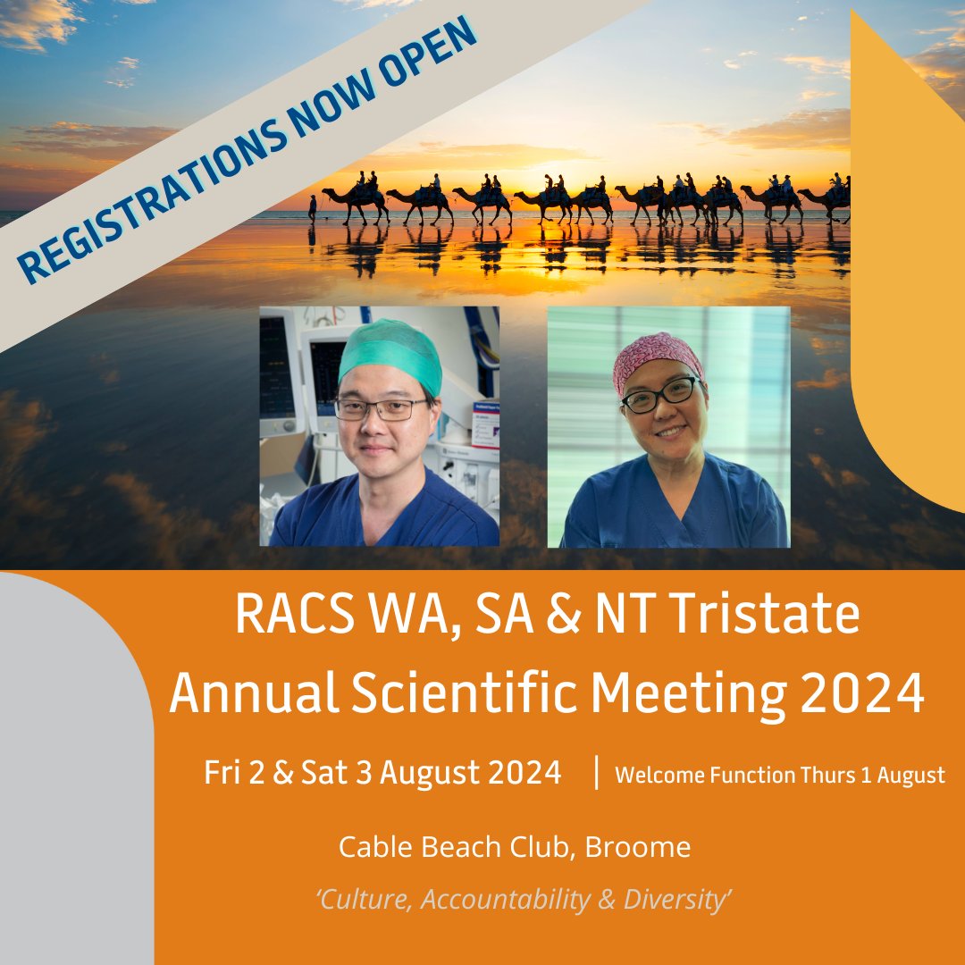 Get ready to embark on an enriching journey of knowledge and collaboration at the upcoming RACS WA, SA & NT Tristate Annual Scientific Meeting in the breathtaking setting of Broome! Secure your spot today - rb.gy/rkx3u8