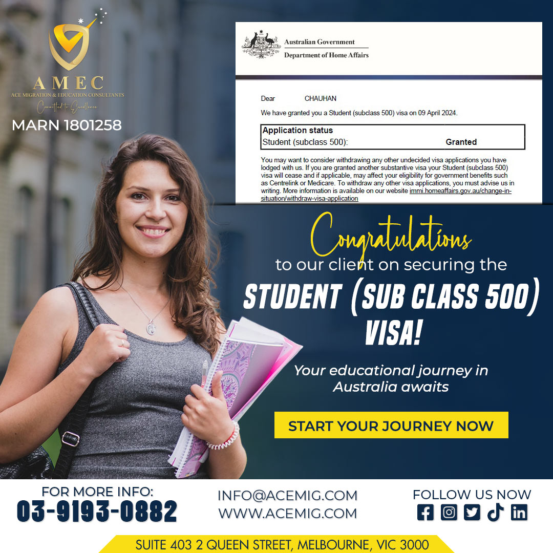 We are delighted to announce that our client has been granted the Student (Sub Class 500) visa! 

#AMECAce #VisaSuccess #StudentVisa #EducationInAustralia #subclass500 #melbourne #visaupdates #successstory #amecaustralia #dreamscometrue #PlanYourJourney #amecaustralia