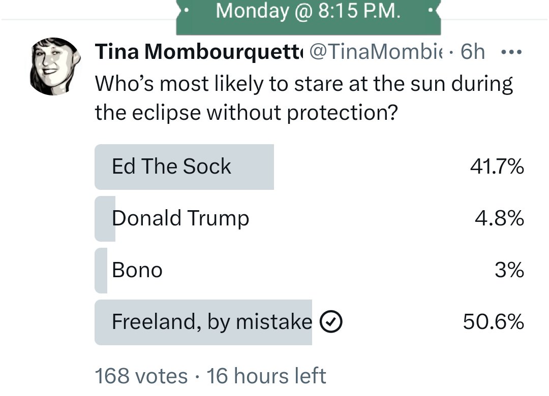 Hey @TinaMombie, perplexed by this poll. Da fugg is this? Not sure why I am on your list - I didn't even pay attention to the eclipse. I see that you're a right-wing zealot, is that the reason, becuz I can't stand political zealots??