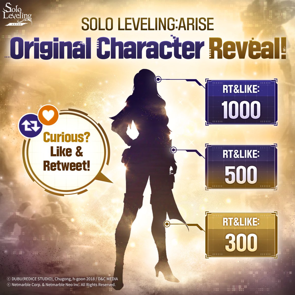 Solo Leveling:ARISE
#OriginalCharacter scheduled for Reveal✨

American B-Rank hunter!
Original character silhouette revealed!

If you want to see the full image, please like &amp; retweet!

❤♻ We'll reveal the character once total likes and retweets surpass 1000!