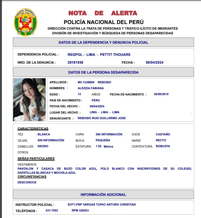 🚨 #LatinaTeBusca | Alezzia Fabiana Mc Cubbin Rebosio de 13 años desapareció por el campo de marte. Si tiene información sobre su paradero, comunicarse al 4317553