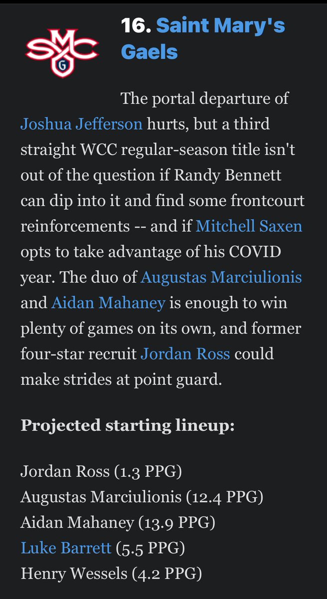 Nice “way too early”🏀@ESPN ranking for @saintmaryshoops 
This writer needs to find @Google —@mitchellsaxen committed to stay a few weeks ago.👊🏼GO @smcgaels 
@GaelAlumni @SteveKronerSF @sfchronicle @MJ_GoGaels @seanmmullen @KristiesTeam @WCChoops @WCCsports @SMC_Collegian #GAELS