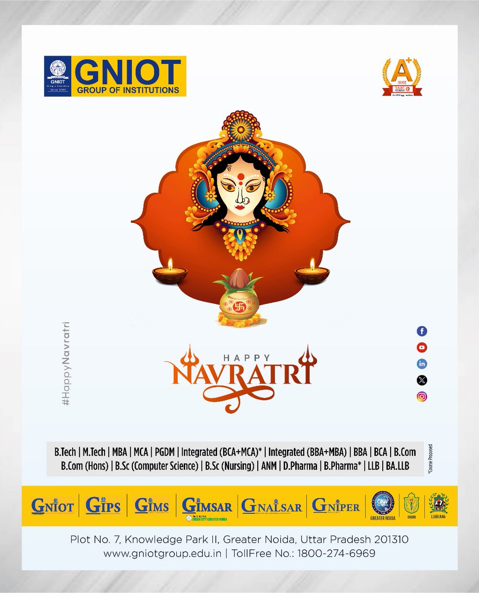 Navratri, a lively Hindu festival of nine nights, honors the divine  feminine energy embodied by Goddess Durga. Through dance, fasting, and  hymns, devotees celebrate her diverse forms, each day representing a  facet of her power. 
#Navratri #DurgaPuja #FastingAndPrayer #GNIOT