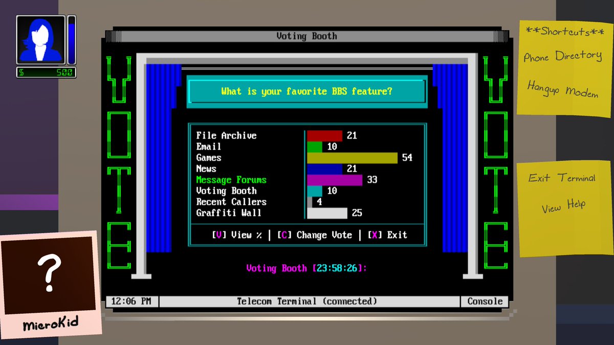 SyntheticDrms's tweet photo. Another feature done in the #CloudburstConnection RPG Sim! The "Voting Booth" keeps you informed about your callers' preferences on different topics. Use this info to increase the popularity of your #BBS! #indiedev #retrogaming #RPG #Simulation #ANSI #ASCII https://t.co/WqYnZMxVSl