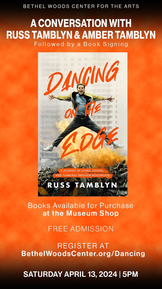 I'll be signing my memoir Dancing On The Edge at the Bethel Center for the Arts in Bethel, NY with @ambertamblyn on April 13. Come by and say hi! bethelwoodscenter.org/events/detail/… #RussTamblyn #DancingOnTheEdge #TwinPeaks #memoir #actor