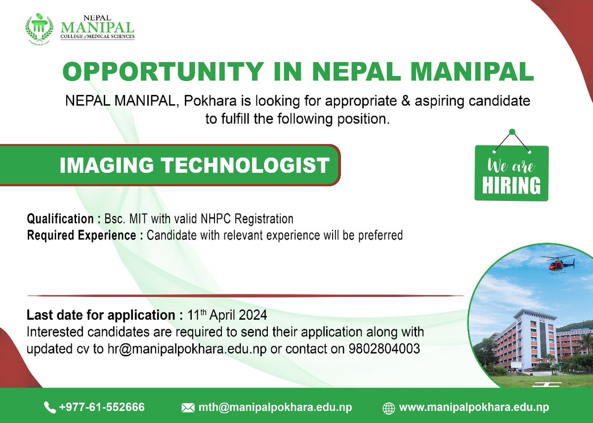 'VACANCY ANNOUNCEMENT'

Career Opportunity in NEPAL MANIPAL

#Vacancy #Physiotherapist #ManipalPokhara #Manipal #PokharaManipal #Nepalmanipal #PokharaManipalTeachingHospital #ManipalPokharaTeachingHospital #BATASorganization #BATASnepal #BATASmanipal #BATASpokhara