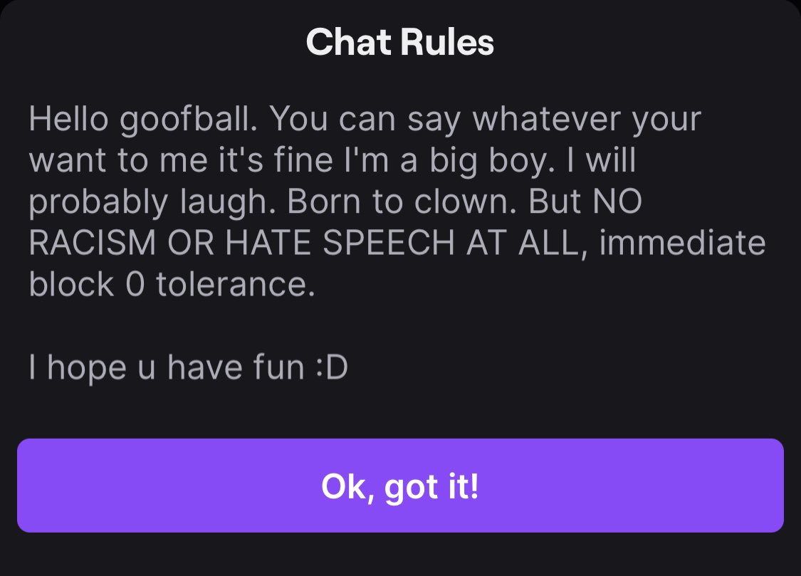 see i Luv these twitch chat rules this is how every twitch chat rules should be but unfortunately they’re all not this chill
#twitch #twitchchat 
(Carringtons twitch chat rules)