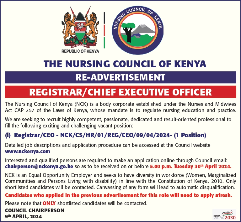📢RE-ADVERTISEMENT We seek to #recruit a highly competent, passionate, dedicated and result-oriented professional to fill the exciting and challenging position of REGISTRAR/CEO- NCK/CS/HR/01/REG/CEO/09/04/2024 (1 position) Job details: nckenya.com/vacancies/ #IkoKaziKE
