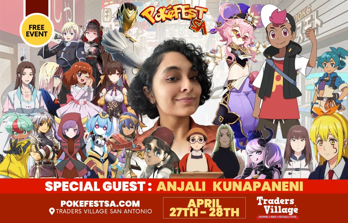 Anjali Kunapaneni @#PokeFestSA ⚡️ Trainers! Come hang out this April 27-28 at Traders Village San Antonio with the voice of Roy in the new Pokémon Horizons series & Anjali's many other roles! @hereliesanjali 📌 FREE EVENT / $6 PARKING 💥 INFO @ POKEFESTSA.COM