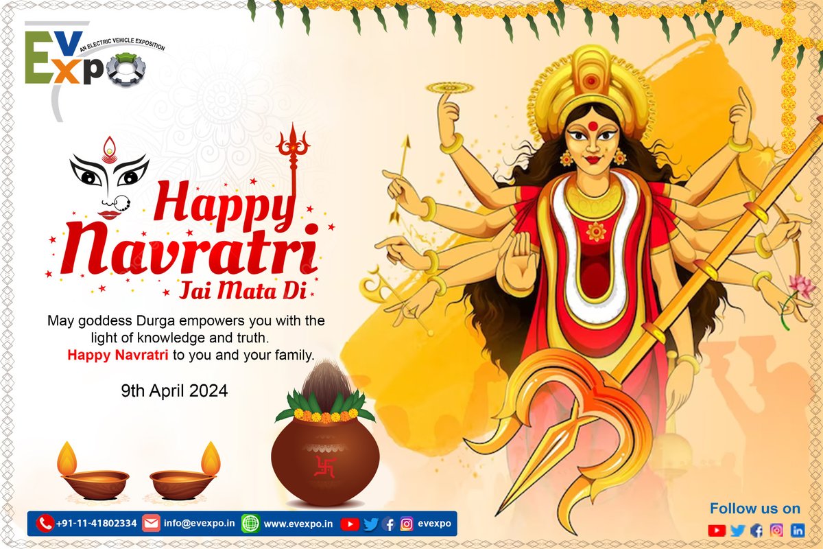 'Happy Navratri from EvExpo! 🌟 Let's electrify the festivities with sustainable energy and vibrant celebrations. As we worship the divine feminine energy, let's also embrace the power of electric mobility to preserve our planet for future generations. 

💚⚡ #HappyNavratri
