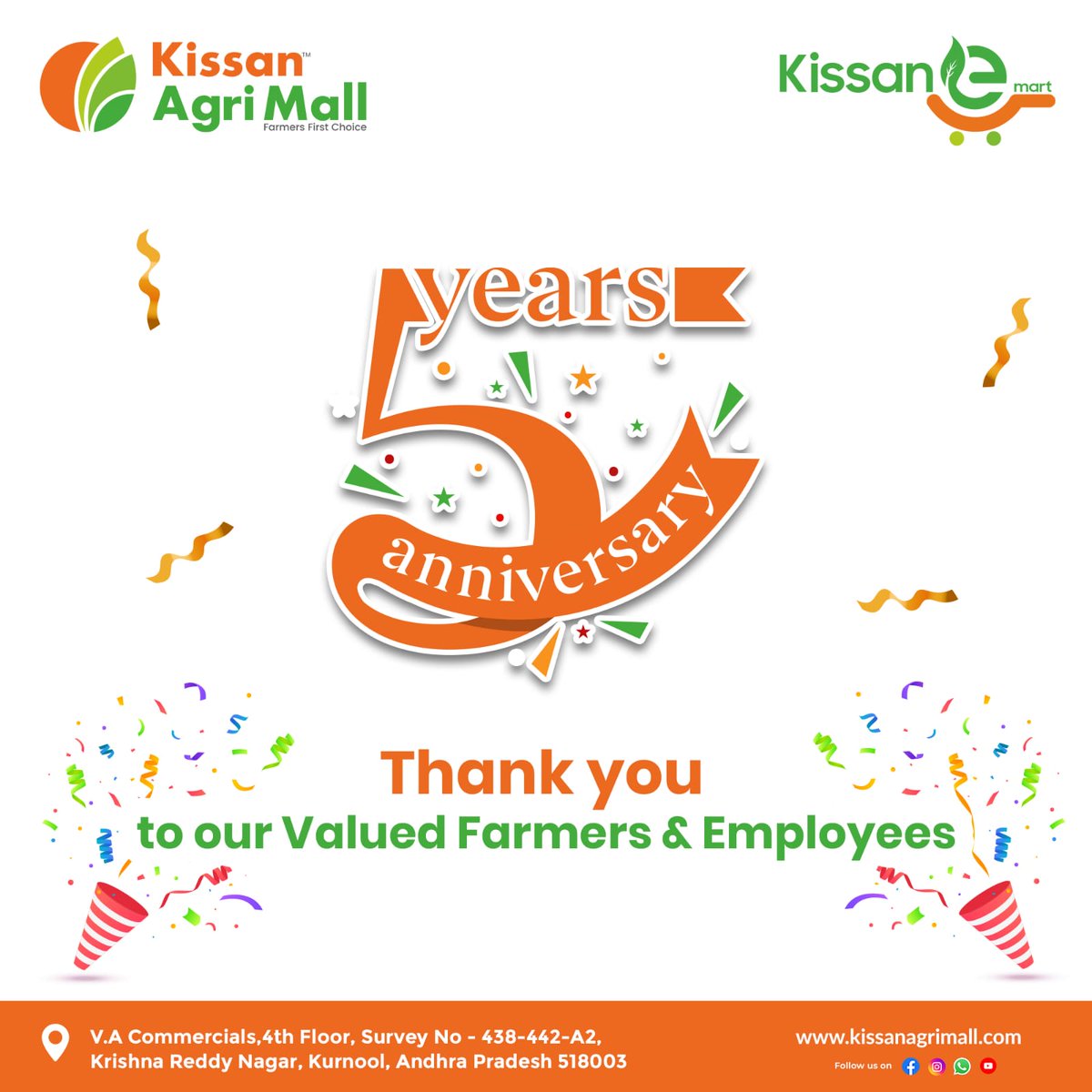 Celebrating 5 Years of Growth and Gratitude! 🌱🎉 marks its 5th Foundation Day this 9th April. 
#KissanAgriMall5Years #FoundationDay2024 #ThankYouFarmers #EmployeeAppreciation #GrowthTogether #SustainableFarming #AgriCommunity #AnniversaryCelebration #KissanSuccess