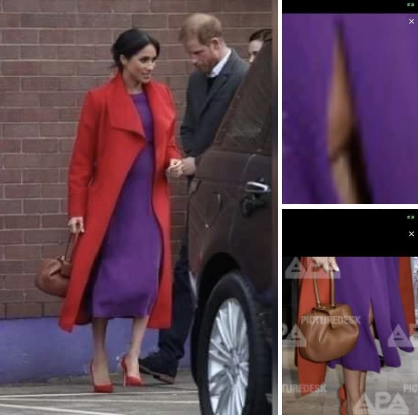 SuburbanDuchess's tweet photo. I'm back from a trip to see the eclipse. So, what's this I hear about Meghan Markle's moonbump issues? Of course she wasn't pregnant, but instead of admitting she used a surrogate and tried to fool the Palace, Meghan the narcissist needed us to believe she was as fertile as the woman she is insanely jealous of: Catherine the Princess of Wales. 
Look at the bump below. No baby that small is taking up room under the breasts of the mother. Babies are lower. See Markle's legs and pelvic region? No swelling or bump, and yet the fetus would be lower! And who has a square bump? Meghan did! Only her.
Meghan's baby changed sizes, too, and in not in the correct order. A fetus grows week by week. A mother's real baby bump doesn't get smaller, and yet Meghan was so bad at keeping track of the size she last used for her moonbump that it became so obvious that bump was fake.
When Meghan was in NYC for her million dollar baby shower, she had a huge bump, but when she and Markus went out that night together Meghan's stomach was flat. Then the baby crawled back in the next day, right? Because a real pregnancy never takes a break until the child is delivered, unless something sad happens. But Markle was flat one day with 'Lili" too, when she was supposed to be very far along. 
The bottom dropped out of Meghan's pregnancy problems when her fake baby belly dropped while at an event at Birkenhead. She went in hugely pregnant and came out with the moonbump slipping to her knees. 
That's when the surrogacy rumors hit full stride. 
That is also when Meghan and Harry know they had been caught. There is no pregnancy where a fetus drops from the uterus to a mother's knees temporarily and then bounces back up to the uterus the next day. See, Harry is looking at Meg's bump falling down to her knees! Oops!!
Several stories emerged after this bump failure (trust Meghan to be sloppy and fail, when she could have said good things about surrogates and surrogacy). One is that Meg and Harry decided to move to the U.S. at this point. (I know the timeline issues.)
Or Meghan decided to really start acting up and be a bad royal. Or she needed to change the narrative from her fake pregnancy, so she started the whole "I'm sad and bored and no one asked me if I'm okay, even though I'm the one who's being horrible to everyone else" mantra that Meghan espouses to this day. 
After the bump dropped to Meghan's knees, sane people realized her pregnancy was a fakery. That is why people want Archie pulled from the line of succession. He was not ever born of Meghan's body. 
imo. my truth. thx...