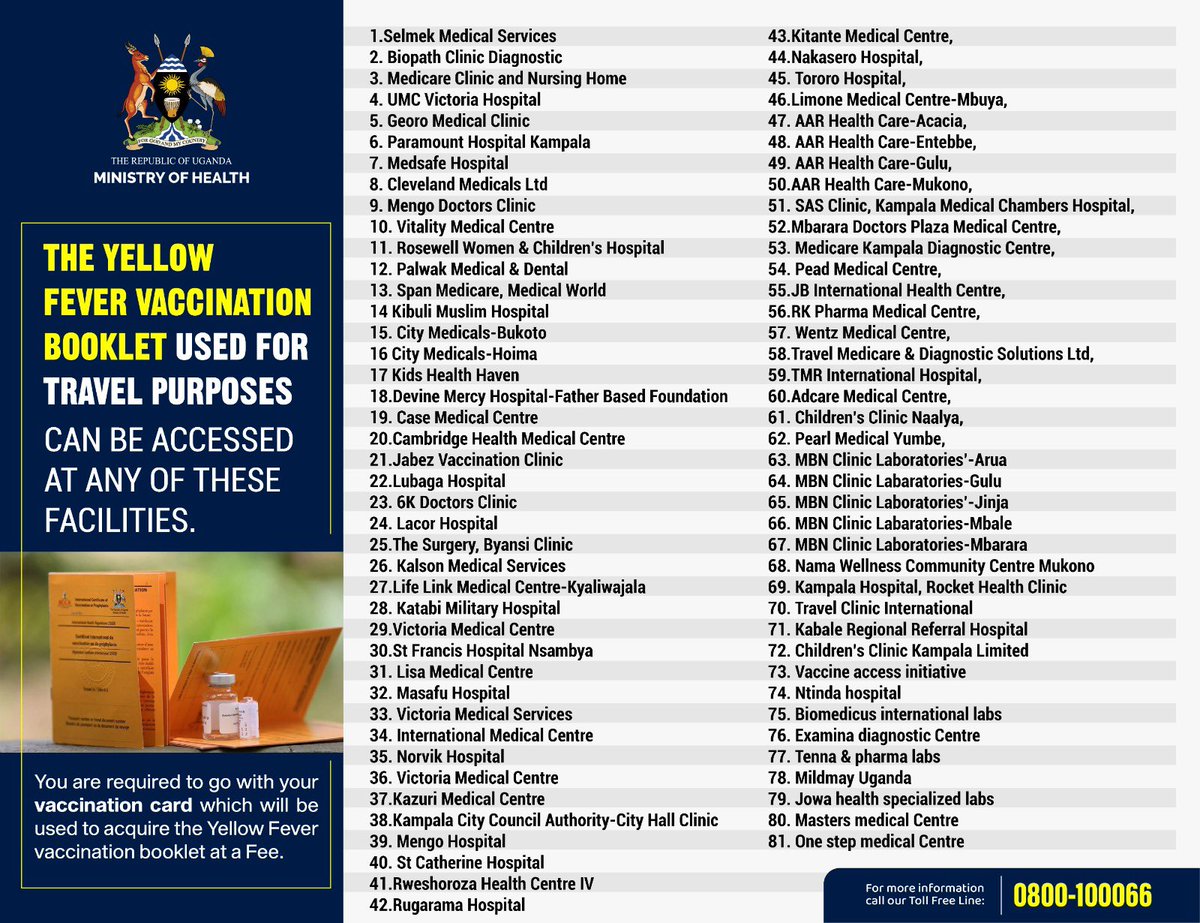 The Yellow Fever Vaccination booklet used for travel purposes can be accessed at any of these facilities at a minimal cost. Present your vaccination card and you will be given the Yellow Fever vaccination booklet. #YellowFeverFreeUG