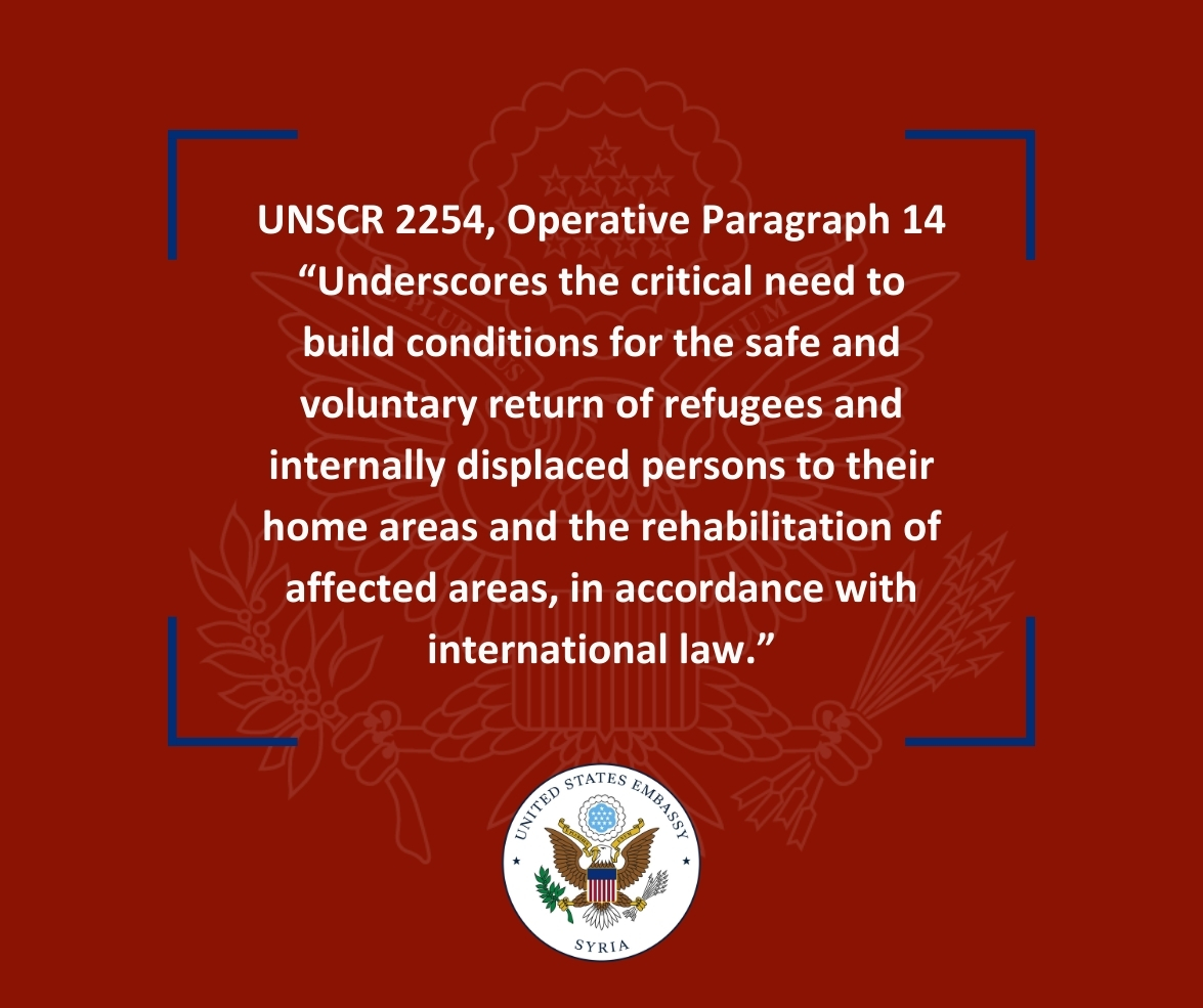 The U.S. affirms UNSCR 2254’s call to create conditions for voluntary, safe & dignified refugee & IDP returns in Syria. The Assad regime must create the conditions needed for return. All refugees & displaced persons must be treated humanely & with respect for their rights.