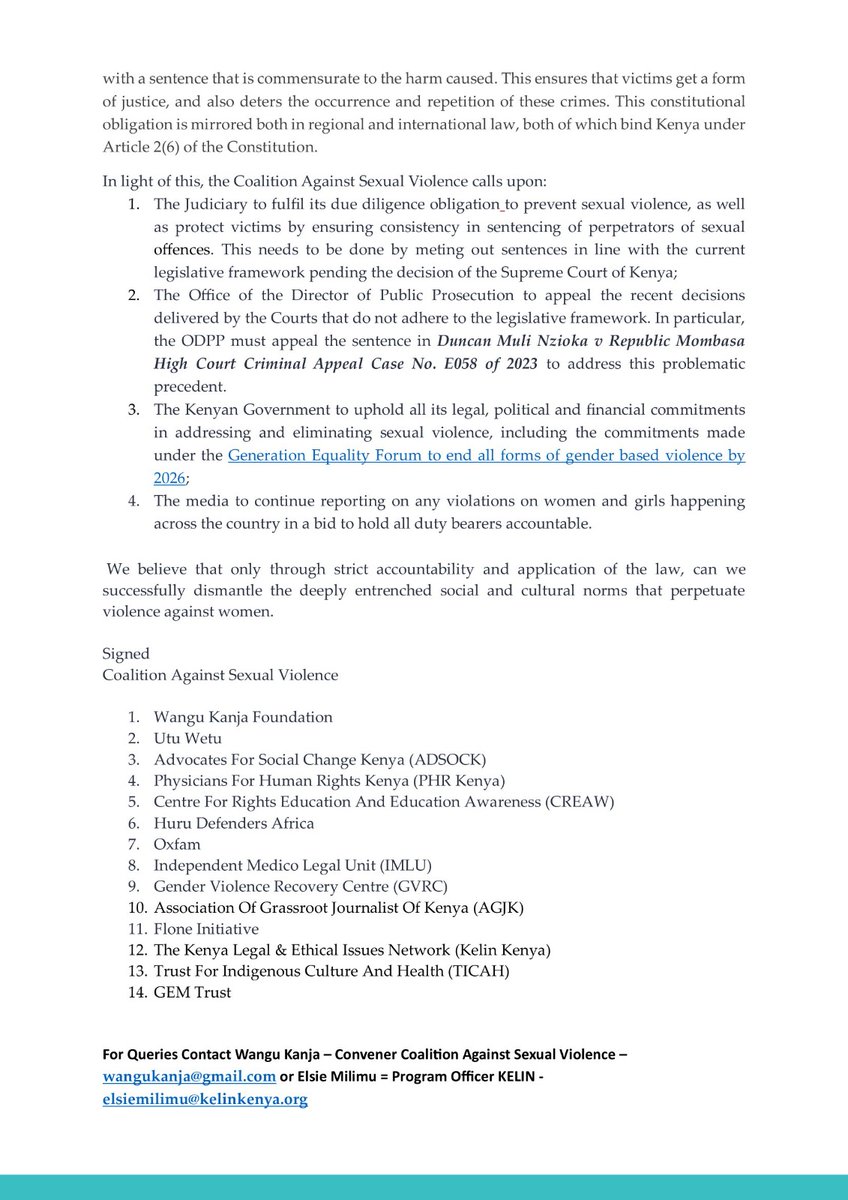 FOR IMMEDIATE RELEASE Subject: Concern Over Irregular Sentencing in Kenyan Judiciary Sexual Offense Cases #InjusticeInSentencing IrregularSentencing 2024-2028 The Coalition Against Sexual Violence is alarmed by irregular sentencing in Kenyan Judiciary sexual offense cases.