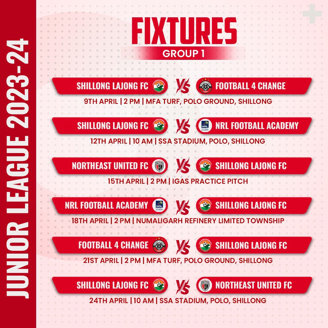 Our U15 Reds will begin their AIFF Junior League 2023-24 campaign today against Football4Change at 2 pm in MFA Turf, Polo Ground. 🗓️🕑

#U15ileague #shillonglajong #lajong #shillong #meghalayatourism #meghalaya #sarongiakalajong