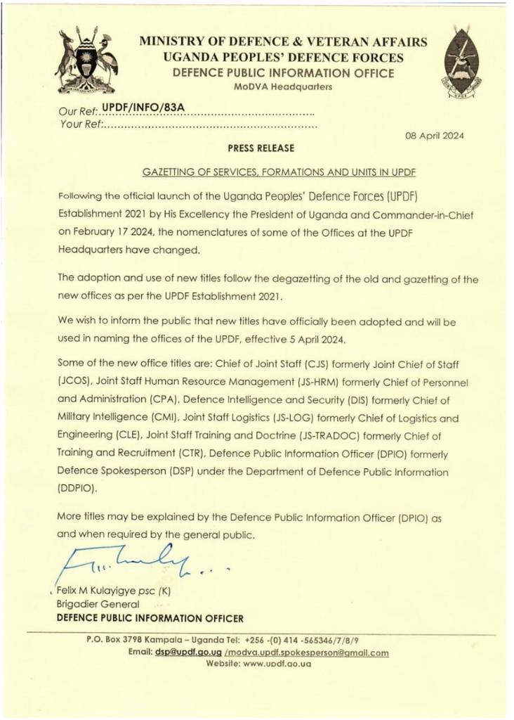 Changes in titles of UPDF chiefs