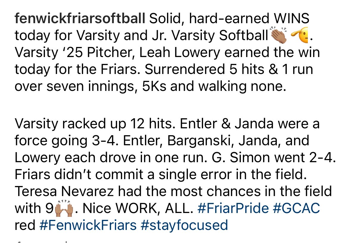 FriarSoftball's tweet photo. We are very proud of your WINS today, Varsity + Jr. Varsity!! Solid efforts and adjustments🫡. Stay focused. Stay uncomfortable. Stay humble. #FriarPride #FenwickFriars @FenwickAD https://t.co/Ly0GbURszF