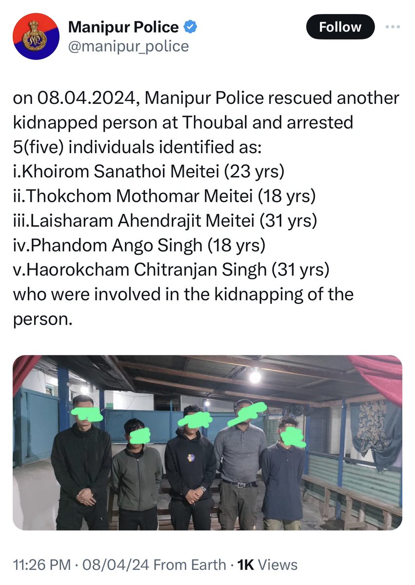 𝐍𝐎𝐑𝐌𝐀𝐋𝐂𝐘 𝐇𝐀𝐒 𝐑𝐄𝐀𝐋𝐋𝐘 𝐑𝐄𝐓𝐔𝐑𝐍𝐄𝐃?
Whoever says normalcy has returned in Manipur is either pretending or ignorant on what’s happening on ground. This type of arrest r selective 4 reasons known &amp; unknown.
Reimpose AFSPA in Manipur Valley.
<a href="/AmitShah/">Amit Shah</a> <a href="/NIA_India/">NIA India</a>
