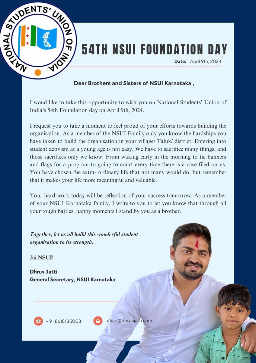 It will forever be a proud feeling every time I say that I started politics from the grassroots of @nsui. On the 54th Foundation Day, I extend my wishes to brothers & sisters of @NSUIKarnataka and the NSUI Family across India. I wish @varunchoudhary2 , @kanhaiyakumar & the