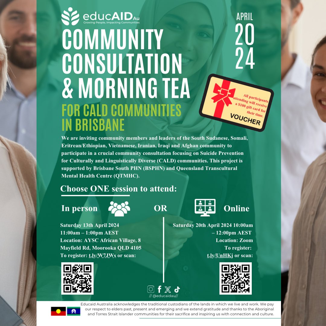 Inviting CALD Community Leaders and Members as part of our suicide  prevention project for CALD communities in Brisbane. Rego details below.