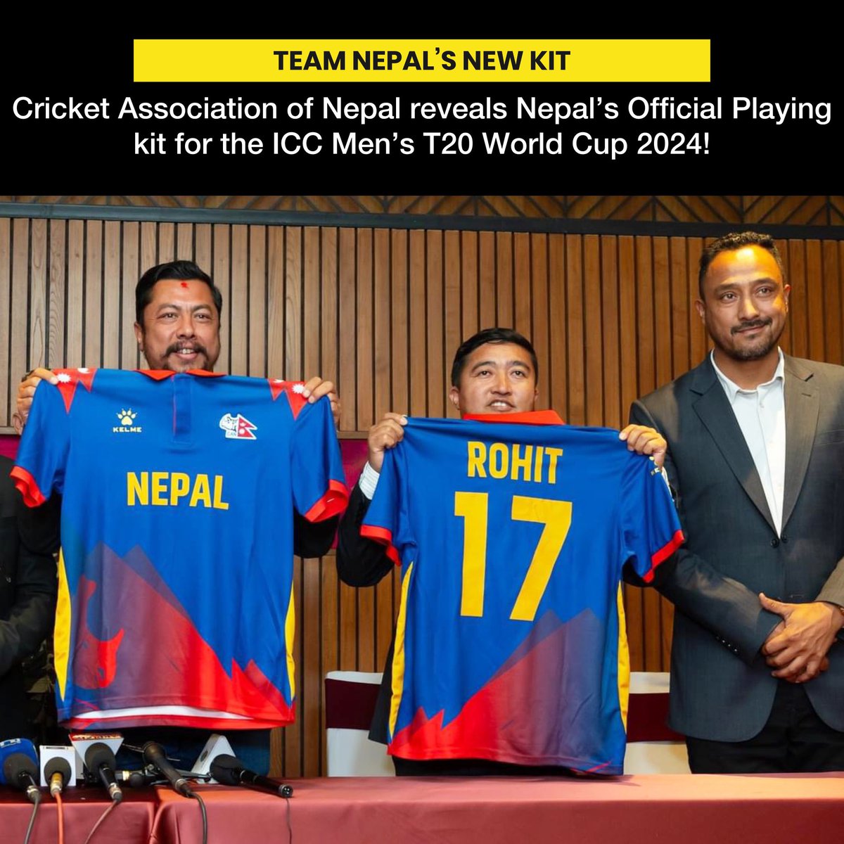 Cricket Association of Nepal (CAN) has revealed Nepal’s Official Playing kit for the ICC Men’s T20 World Cup 2024. 🏔️ 🦏 

Photo: CAN
What do you think about this new kit? Rate it out of 10. 
#cricket #nepal #iccworldcup #nonextquestion
