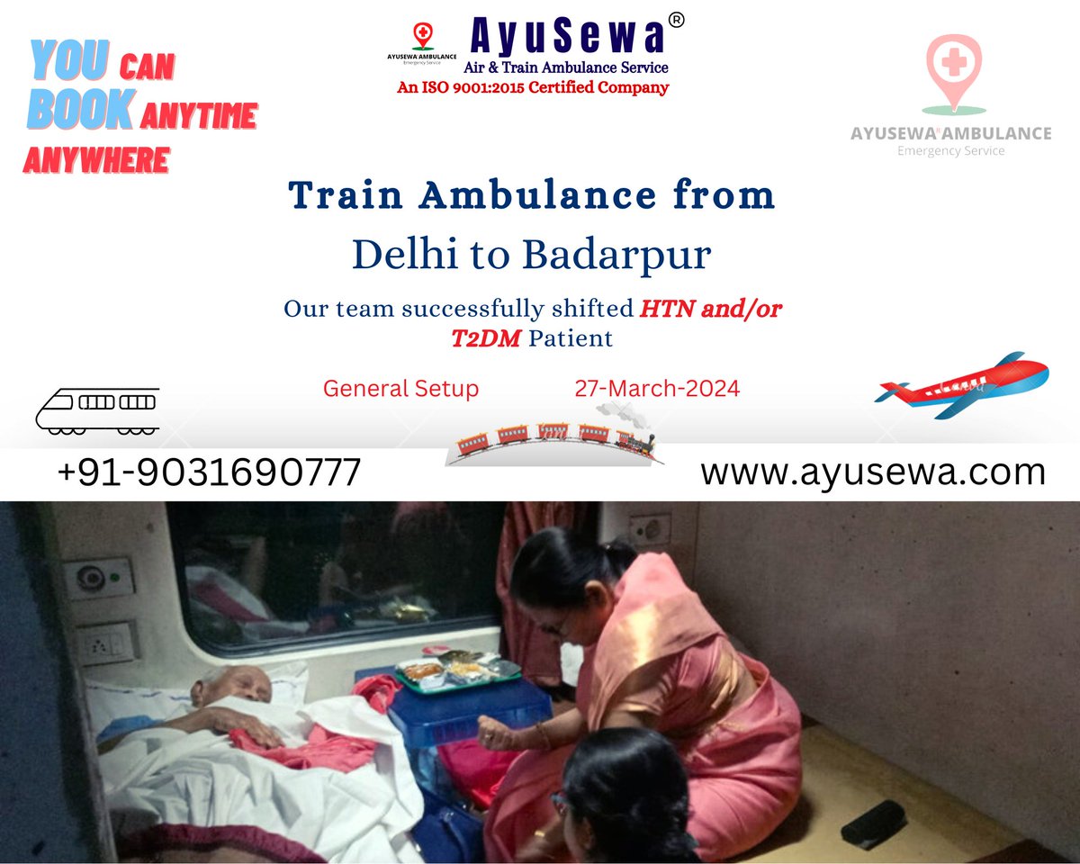 Train Ambulance by #AyuSewa from #Delhi to #Badarpur. Our team successfully shifted HTN and T2DM patient.
9031690777
ayusewa.com
#DelhiToBadarpur #DelhiToBadarpurTrainAmbulance #DelhiTrainAmbulance #BadarpurTrainAmbulance #TrainAmbulance #OneLocationToAnother