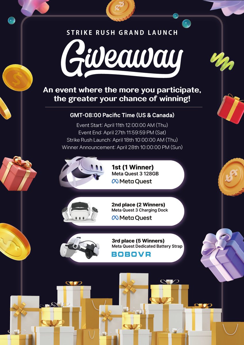 🚀 Strike Rush Meta Quest Giveaway Launch Event! 🚀

- Starting from Apr 11th!
- 1st place wins Meta Quest 3 and more!
- To win, click the following link and perform requested actions and rack up as many points as you can! 
 
Click the link below to enter:
gleam.io/hcJ50/strike-r…