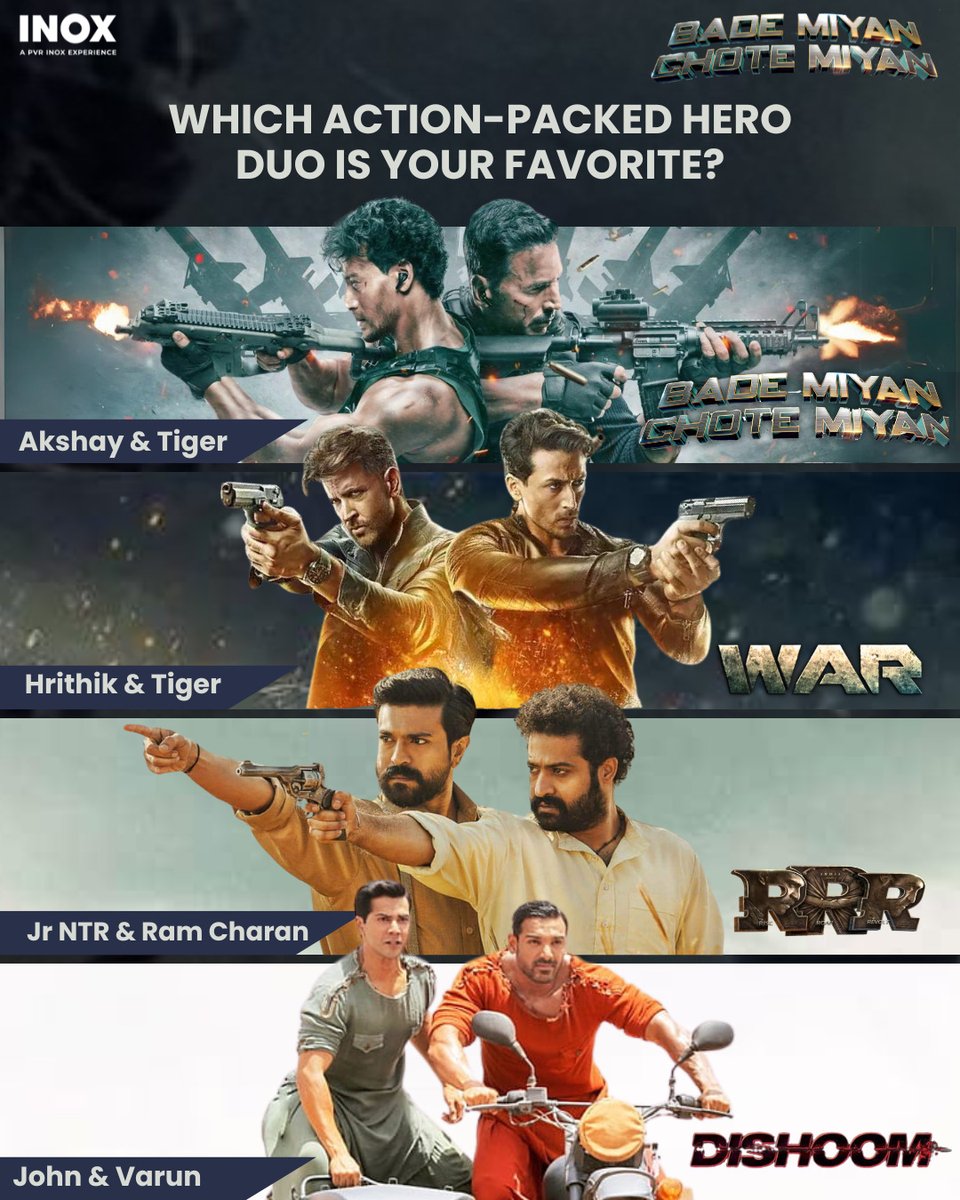 From high-flying stunts to breathtaking battles, these dynamic duos redefine action!  Who's your ultimate hero pair? 
.Watch #BadeMiyanChoteMiyan at #INOX on 11 April.
 #AkshayKumar #TigerShroff #BMCM  #War  #RRR  #VikramVedha #AkshayKumar #TigerShroff  #JrNTR #RamCharan