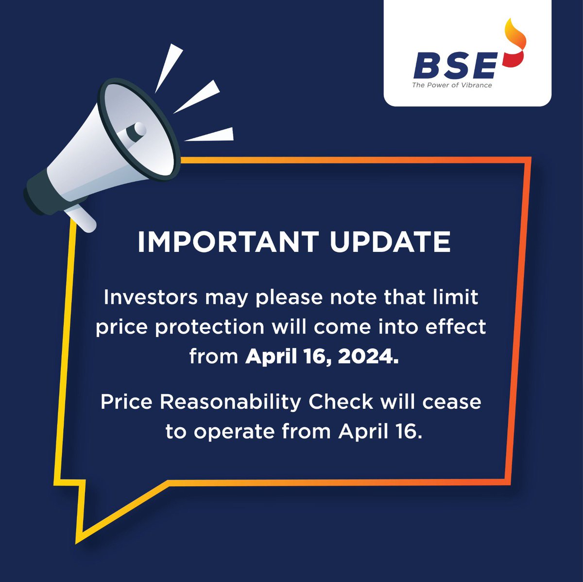 #ImportantUpdate Investors may please note that limit price protection will come into effect from April 16, 2024. Price Reasonability Check will cease to operate from April 16. bseindia.com/markets/Market…