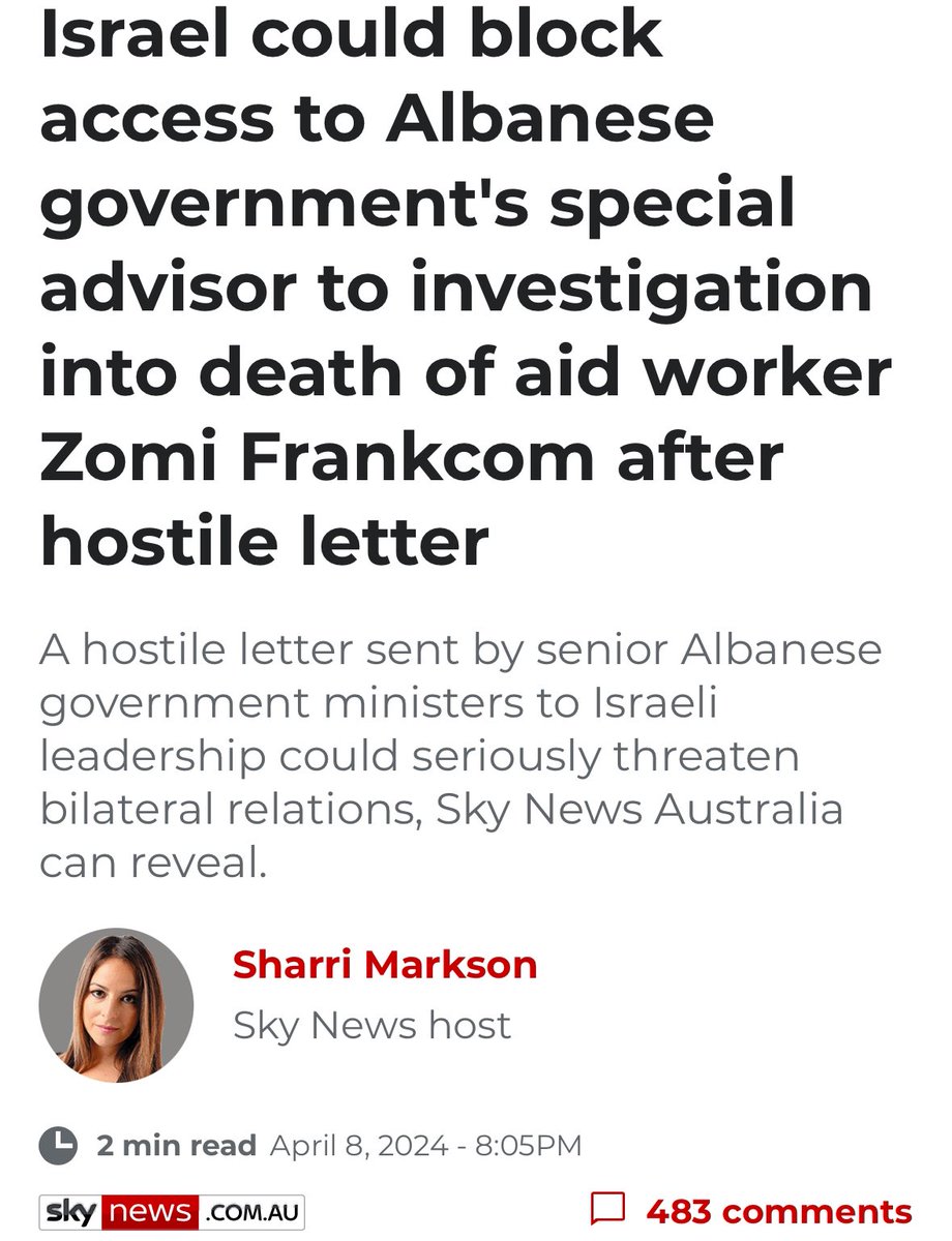 I dunno @SharriMarkson, maybe Israel murdering an Australian aid worker was more of a threat to bilateral relations than ‘a hostile letter’ from the Albanese government. I’ve never been on a paid junket to Israel though 🤷🏻‍♂️