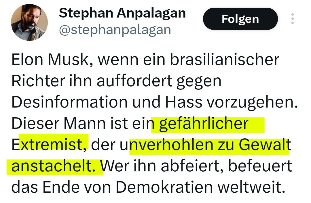 Hey @elonmusk, journalist @stephanpalagan says you are 'A DANGEROUS EXTREMIST WHO INCITES VIOLENCE'. Among other things he works for the public broadcasting service here in Germany.