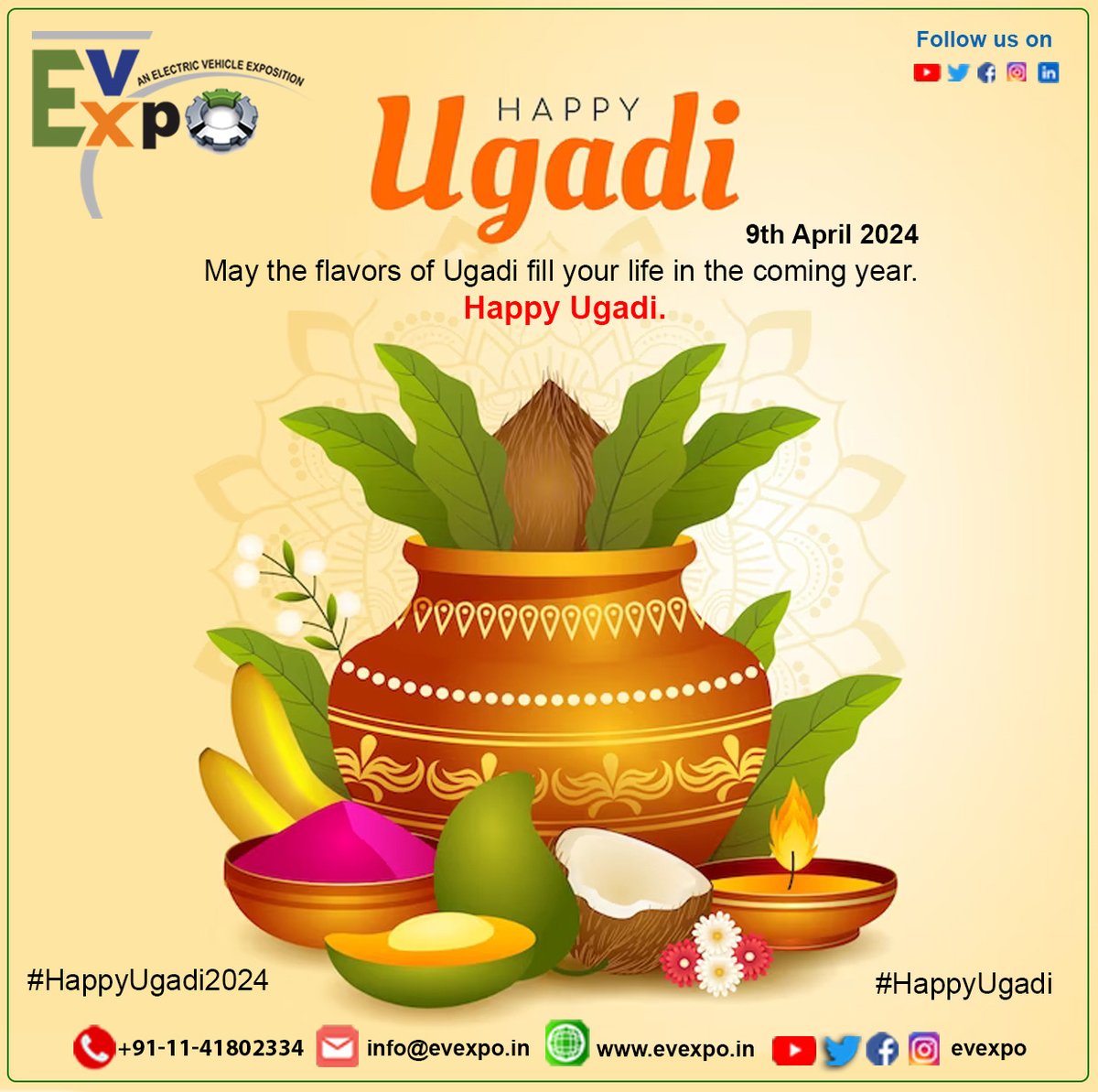 🌟 Happy Ugadi from EvExpo! 🎉 As the sun enters a new zodiac sign, let's embrace fresh beginnings and renewable energy. Just like the vibrant colors of rangoli, let's paint our future with sustainable solutions for a greener tomorrow. 

#happyugadi2024  #ElectricFuture 🌱🚗✨