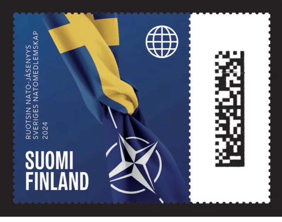 This is how close Sweden and Finland are 🇸🇪🇫🇮! The Finnish postal service celebrates Swedish #NATO membership with a new stamp. Kitos! 💙🤍💛 #turpo #säkpol #WeAreNATO