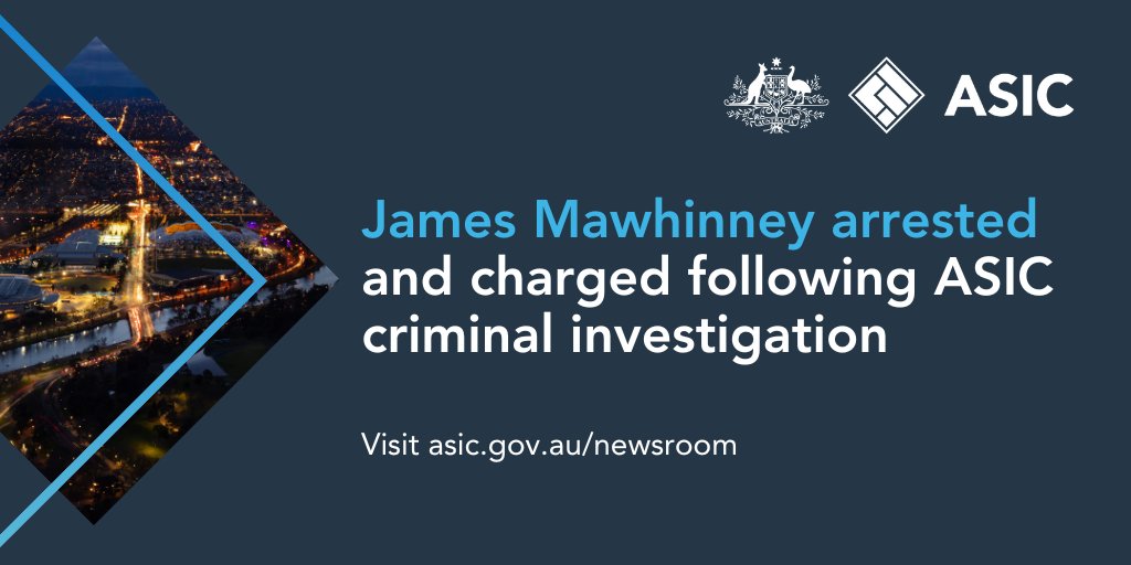 Following an ASIC investigation, James Mawhinney has been arrested and charged with four counts of dishonest conduct bit.ly/3U7YNZU