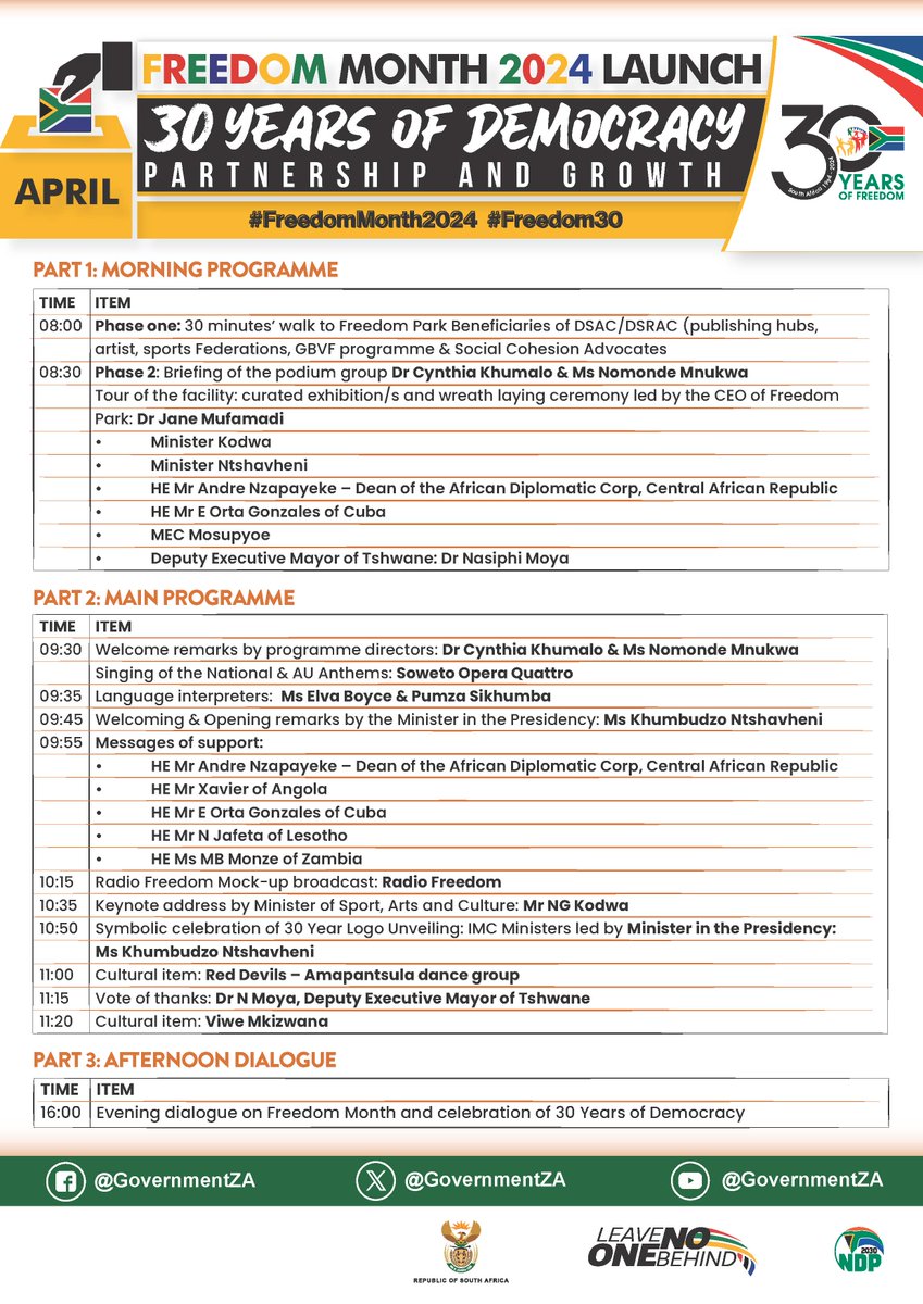 Here is today programme for the #FreedomMonth2024 launch. gov.za/news/media-adv… #Freedom30