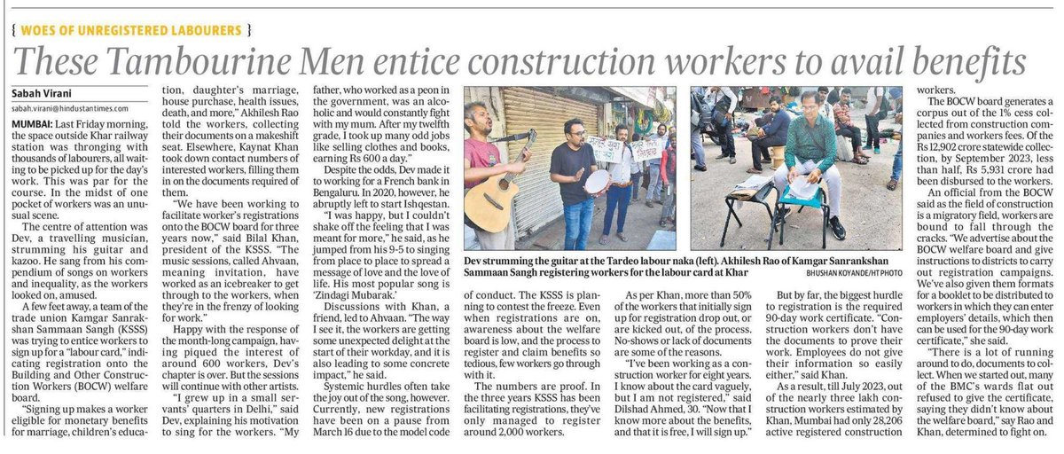 I wrote about Ahvaan, a series of music sessions by @kamgarsss at labour nakas in the Mumbai, inviting workers to register for the welfare board for construction workers, opening the door to many benefits. The tricky process leaves most out of it. hindustantimes.com/cities/mumbai-…