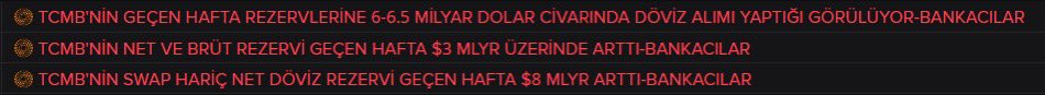 TCMB'NİN GEÇEN HAFTA REZERVLERİNE 6-6.5 MİLYAR DOLAR CİVARINDA DÖVİZ ALIMI YAPTIĞI GÖRÜLÜYOR-BANKACILAR -Reuters #usdtry #bist #borsa #viop #try