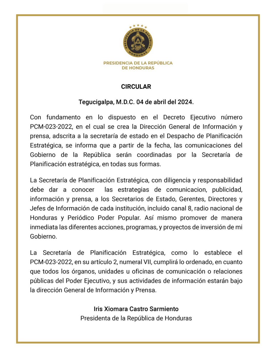 La Secretaría de Planificación Estratégica será responsable de coordinar la información de acciones, programas y proyectos de inversión de mi Gobierno. Todas las instituciones deben cooperar con responsabilidad.