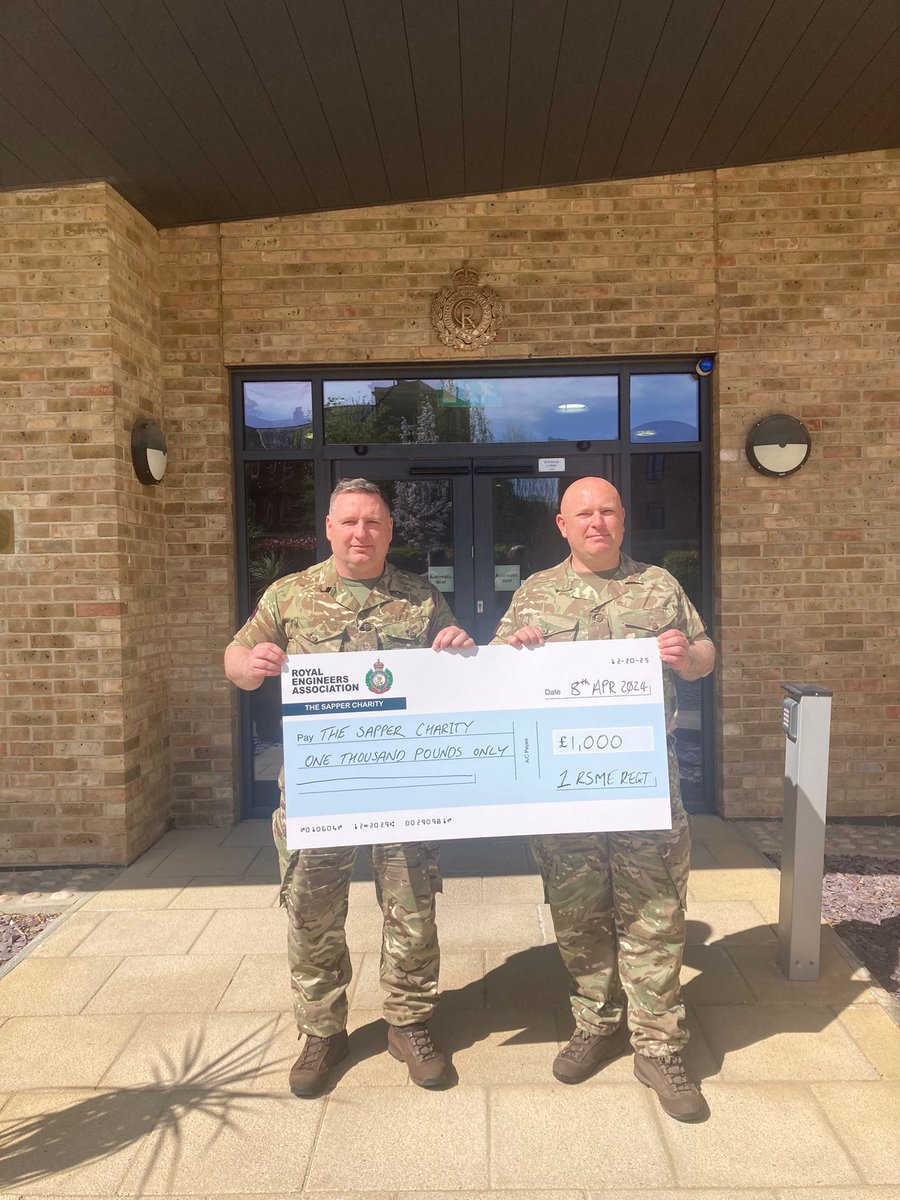 A huge thank you to 1 RSME Regt who recently donated £1000 to the Sapper Charity! A generous donation to help support our #SapperFamily 🤝 #RoyalEngineers #Ubique